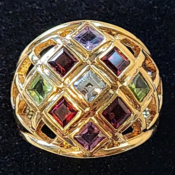 925 VERMEIL DOME RING - MULTI-COLORED RAINBOW STONES - SZ 10 - Picture 2 of 10